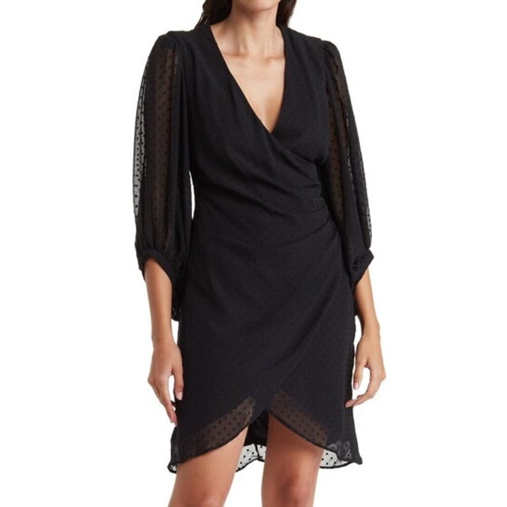 Donna Ricco Swiss Dot Balloon Sleeve Faux Wrap Dress Womens Size 12